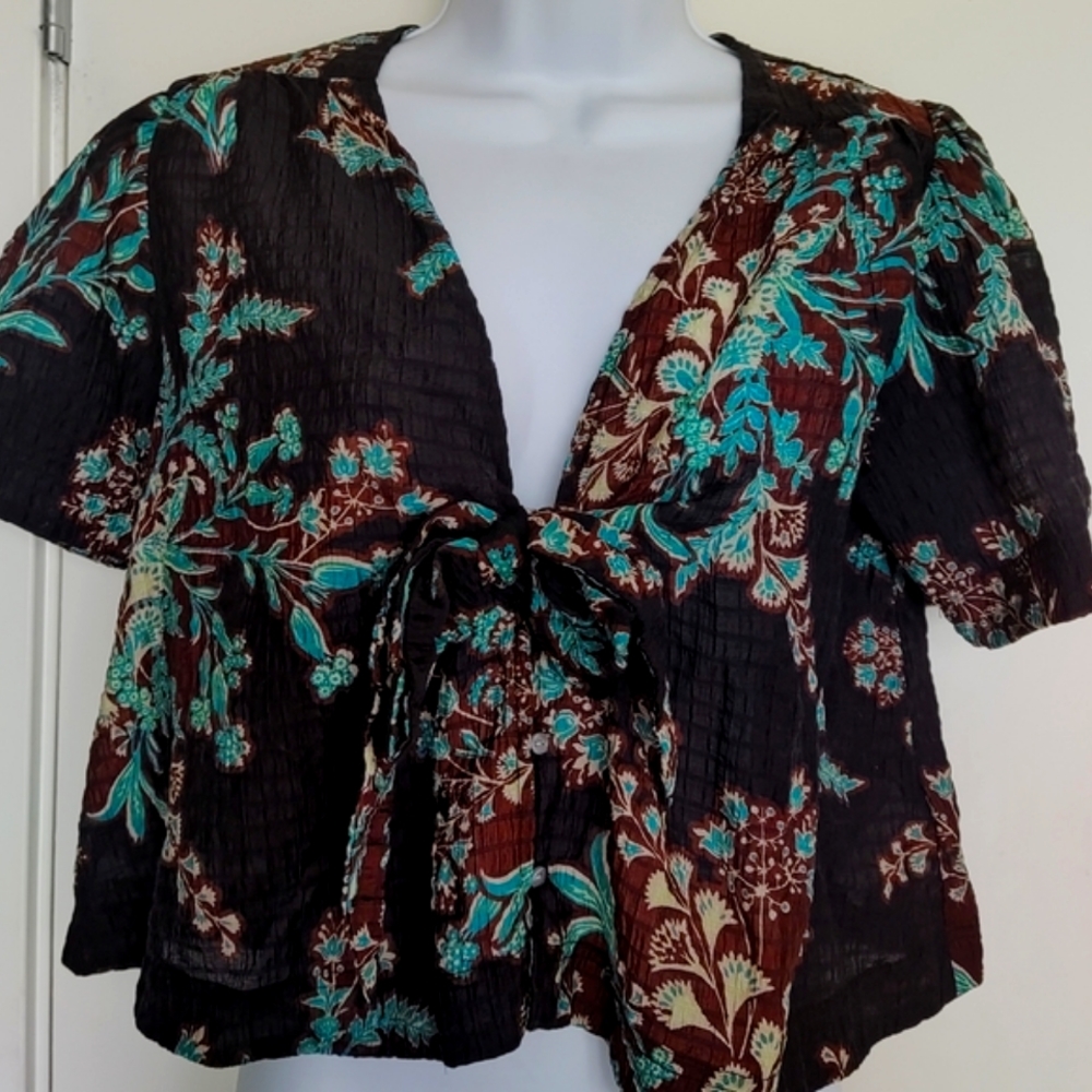Blouse Free People gauze waffle croo floral dark chocolate brown kimono 66170